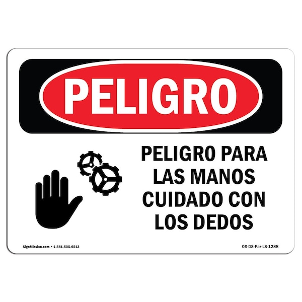 OSHA, Hand Hazard Watch Your Fingers Spanish, 5in X 3.5in Decal, 10PK, OS-DS-D-35-LS-1288-10PK